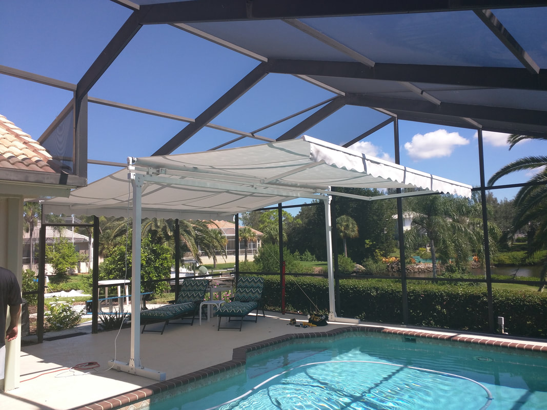 A swimming pool with a covered patio area